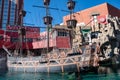 pirate ship in the bay of the Treasure Island hotel on the main street of Las Vegas - the Strip. Sunny day and clear cloudless sky Royalty Free Stock Photo