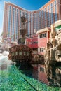 pirate ship in the bay of the Treasure Island hotel on the main street of Las Vegas - the Strip. Sunny day and clear cloudless sky Royalty Free Stock Photo