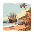 Pirate Ship On Beach: Realistic Landscape With Caribbean Sea Background