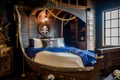 pirate ship bed with blue and white sheets Royalty Free Stock Photo