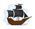 Pirate Ship with Black Sails and Square Rigged Mast Navigating Upon Water Vector Illustration