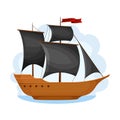 Pirate Ship with Black Sails and Square Rigged Mast Navigating Upon Water Vector Illustration