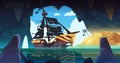 Pirate ship in cave. Cartoon background with fantasy sea bandits ship in dark grotto filled with stolen treasures
