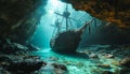 Pirate ship in the cave with turquoise water and blue sky Royalty Free Stock Photo