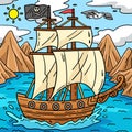 Pirate Ship Colored Cartoon Illustration