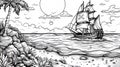 Pirate ship coloring page sailing near a tropical island shore on a sunny day, AI Generated Royalty Free Stock Photo