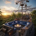 Pirate ship deck with fire pit at sunset Royalty Free Stock Photo