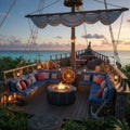 Pirate ship deck with fire pit at sunset Royalty Free Stock Photo