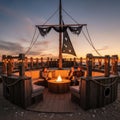 Pirate ship deck illuminated by fire pit at dusk romantic ambiance isolated on white background Royalty Free Stock Photo