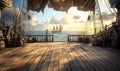 Pirate ship deck with sunset view and distant sailing ship on horizon Royalty Free Stock Photo