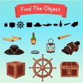 Find the object. Objects from a pirate ship.Vector illustration in cartoon style Royalty Free Stock Photo