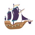 Pirate ship with a flag and black sails with a skull. Flat vector illustration, Royalty Free Stock Photo