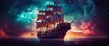 pirate ship in front of a galactic sky, generative ai illustration