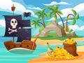 Pirate ship. Game background, island treasure. Beach, sea kids adventure, chest with golden coins, ocean Caribbean sky Royalty Free Stock Photo