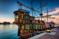 Pirate ship in Gdynia harbor at sunset. Poland