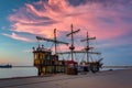 Pirate ship in Gdynia harbor at sunset. Poland