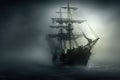 A pirate ship gracefully glides through a mysterious foggy ocean, Mysterious phantom ship floating through foggy seas, AI