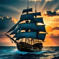 pirate ship on the high seas during An old ancient pirate Royalty Free Stock Photo