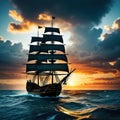 pirate ship on the high seas during An old ancient pirate Royalty Free Stock Photo