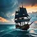 pirate ship on the high seas during An old ancient pirate Royalty Free Stock Photo