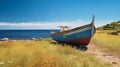 Sunny Day In Menorca: Nostalgic Mediterranean Landscape With Old Fisherman\'s Boat