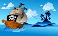 Pirate ship with island silhouette Royalty Free Stock Photo