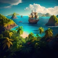 Pirate Ship Island View, Wooden Ancient Frigate
