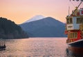 Pirate ship on Lake Ashi in the sunset light. Hakone, Kanagawa. Honshu. Japan