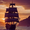 Pirate Ship leaving harbor at sunset3 Royalty Free Stock Photo