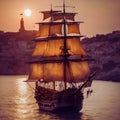 Pirate Ship leaving harbor at sunset1 Royalty Free Stock Photo