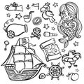 PIRATE SHIP AND MERMAID Cartoon Clipart Illustration Set Royalty Free Stock Photo