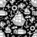 PIRATE SHIP MONOCHROME Cartoon Seamless Pattern Vector Print