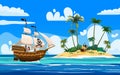 Pirate ship naval armed n ocean, Tropical Island, treasure cheast, tropical, palms. Sea landscape coast, beach, sand