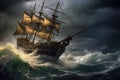 pirate ship navigating through a treacherous storm at sea