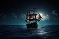 pirate ship at night, moonlight shining on the waves