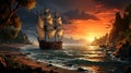 pirate ship in ocean in a bay off the island near coast of the beach. Medieval pirate ship at sea at sunset Royalty Free Stock Photo