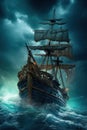 Pirate ship is in the ocean during heavy storm, dramatic sky. Beautiful illustration picture. Generative AI Royalty Free Stock Photo