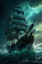 Pirate ship is in the ocean during heavy storm, dramatic sky. Beautiful illustration picture. Generative AI