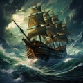 Pirate ship on the ocean in a storm. Old Sailing ship in the sea. Fantasy Night Seascape. Digital Painting Royalty Free Stock Photo