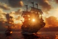 pirate ship on the ocean at sunset Royalty Free Stock Photo