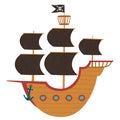 Wooden pirate ship with open sails and a flag with a skull and crossbones. Vector illustration isolated on white Royalty Free Stock Photo