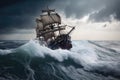 pirate ship passing through stormy sea, waves crashing against the hull