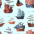 Pirate ship pattern. Old shipping boat adventure concept seamless vector background