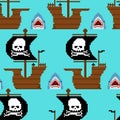 Pirate ship pixel art pattern seamless. Pirates 8 bit background. pixelated vector texture