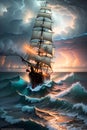 The Pirate Ship\'s Journey amidst Stormy Seas, Clouds, and a Sunset on the Choppy Ocean. AI generated