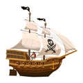 Pirate ship sail, wooden old sailboat. Buccaneer filibuster corsair with black flag skull, Jolly Rodger. Vector