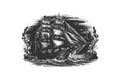 Pirate ship sailboat retro sketch hand drawn engraving. Vector illustration desing Royalty Free Stock Photo
