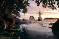 Pirate ship sailing away from the coast while a frog is watching it in Koh Rong Royalty Free Stock Photo