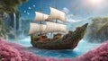 pirate ship sailing A fantasy sail boat in a sea of flowers, with waterfalls, butterflies, and fairies. The boat is made of wood Royalty Free Stock Photo