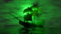 pirate ship sailing in the fog in green lighting
